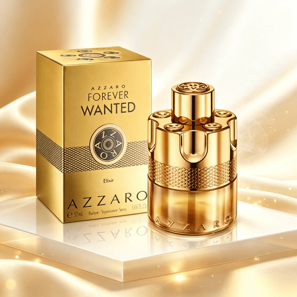 Veltora Azzaro Forever Wanted Elixir perfume spray for men, featuring leather, raspberry, woody, and fruity notes in a 3.38 oz bottle.