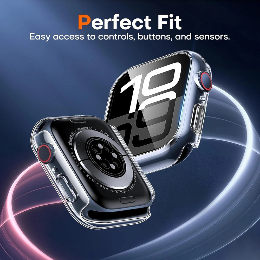 Veltora glass cover and screen protector for Apple Watch Series 6 5 4 3 2 1 SE 38mm to 45mm in black, with protective case.