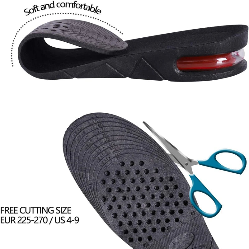 Veltora height increase insoles with air cushion for men and women, adjustable lifts from 3 to 9cm, comfortable shoe inserts.