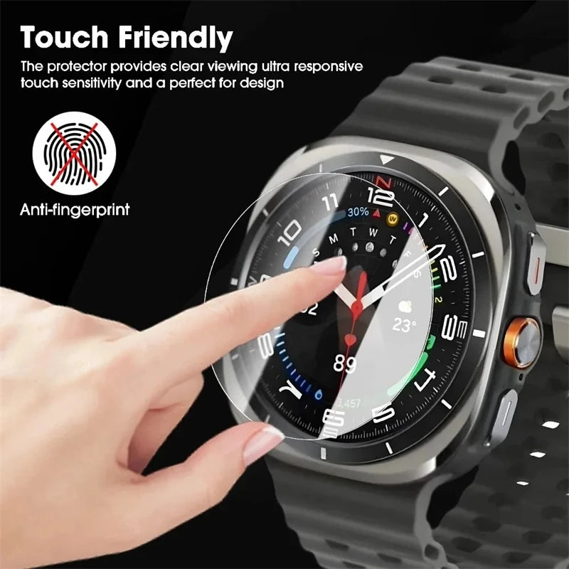 Veltora glass screen protector for Samsung Galaxy Watch 7 Ultra and series, showing the clear protective film on watch screens