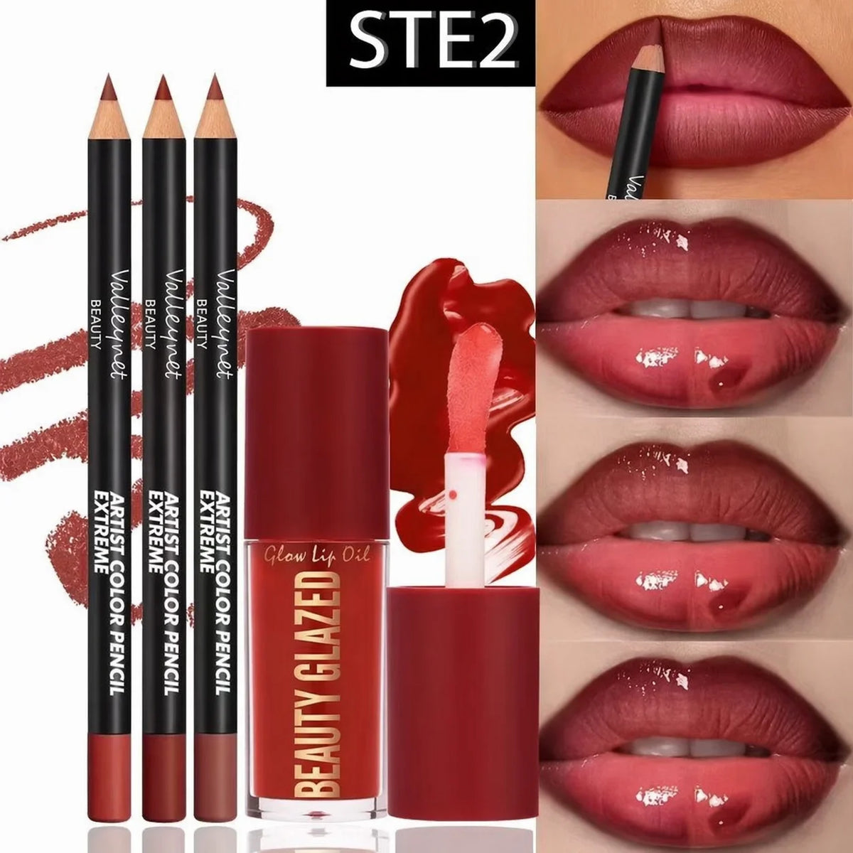 Veltora 4-piece lip kit set with three lip liners and one lip glaze, waterproof, long-lasting matte finish, suitable for casual or formal looks.