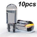Veltora 10X W5W LED T10 car bulbs in white, ice blue, and yellow for interior, license plate, dome, and reading lights.