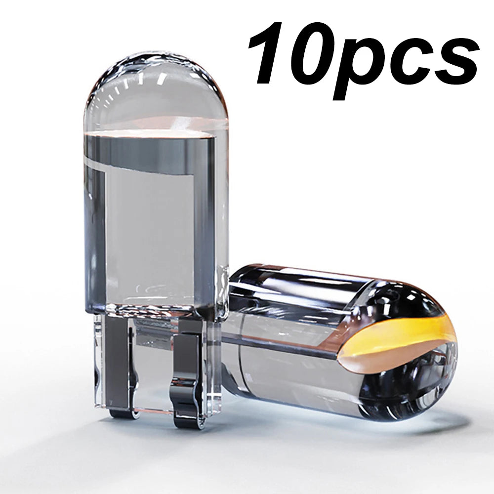 Veltora 10X W5W LED T10 car bulbs in white, ice blue, and yellow for interior, license plate, dome, and reading lights.