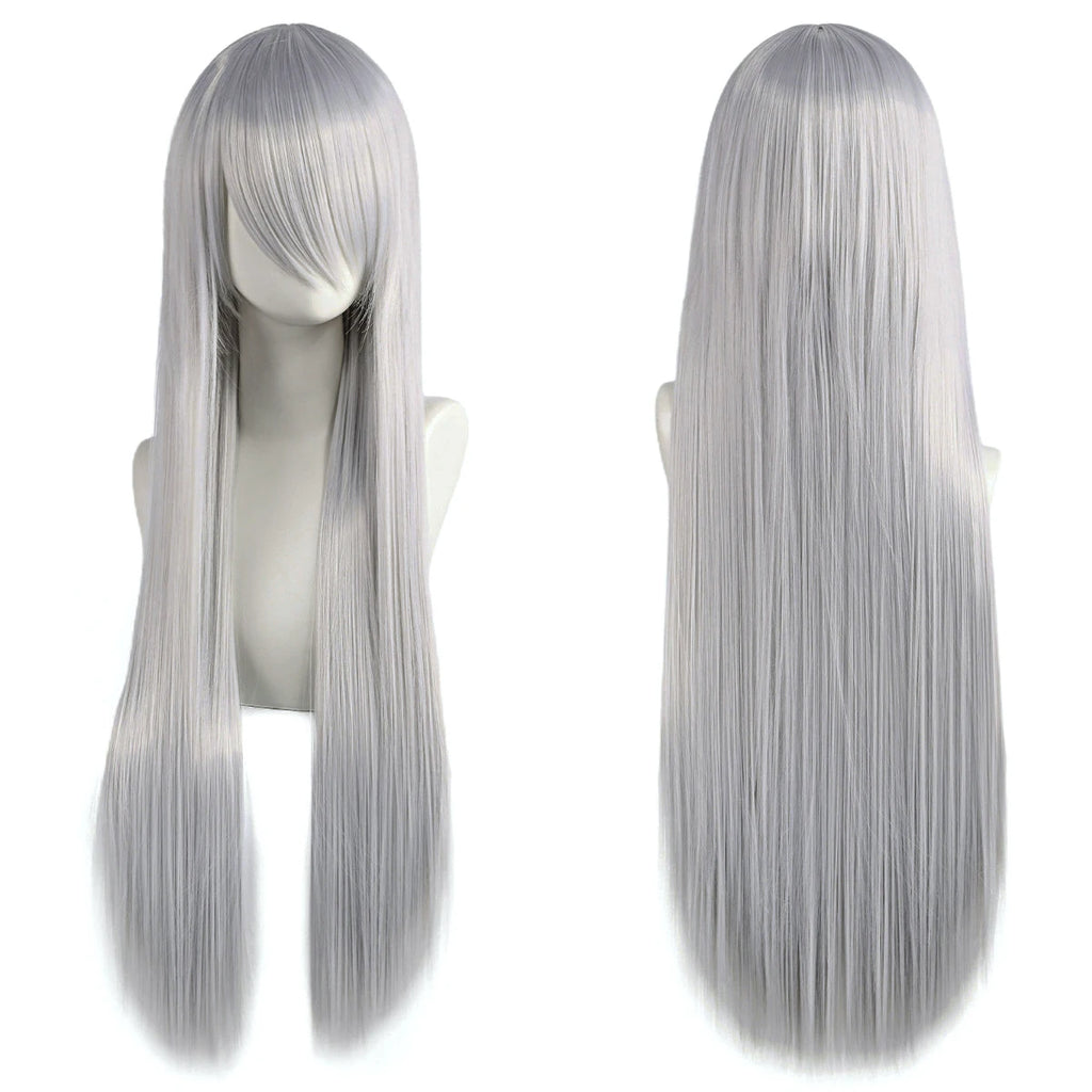 Long synthetic cosplay wig featuring straight green, pink, and silver hair with bangs, ideal for lolita and fantasy costumes.