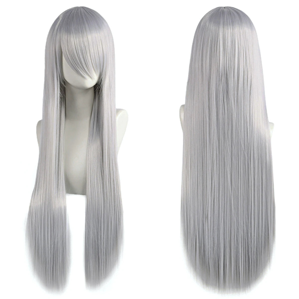 Long synthetic cosplay wig featuring straight green, pink, and silver hair with bangs, ideal for lolita and fantasy costumes.