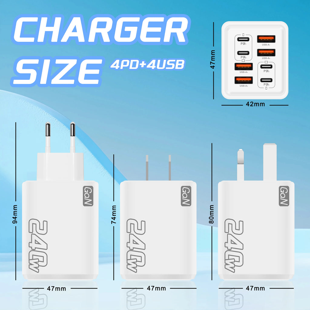 Veltora 240W GaN USB C fast charger with 8-in-1 power adapter, Type C EU/US plug for iPhone, Samsung, Xiaomi devices.