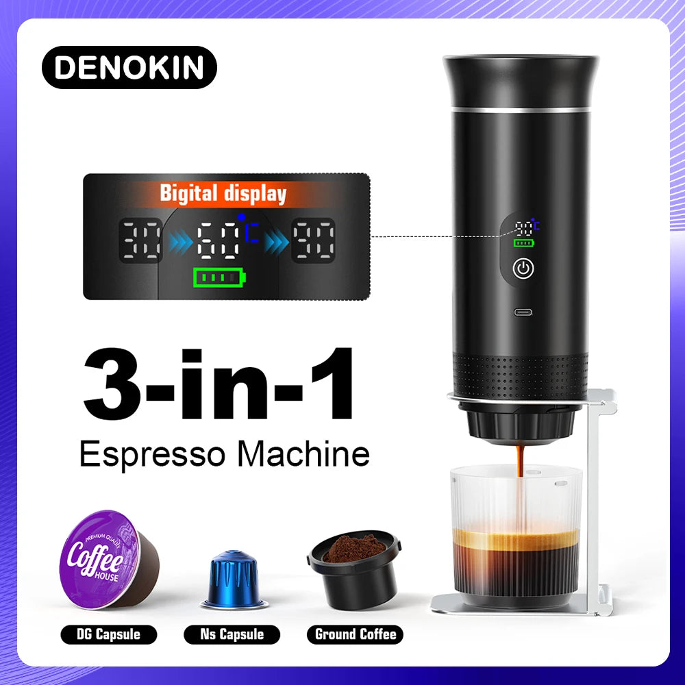 Veltora DENOKIN portable espresso coffee machine with digital display, 3-in-1 capsule maker for car, home, and camping use