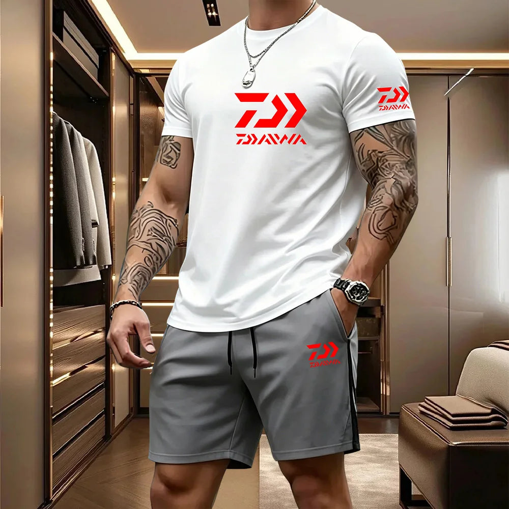 Veltora men's summer short-sleeve T-shirt and drawstring shorts outdoor sports set, breathable fishing and casual daily wear.
