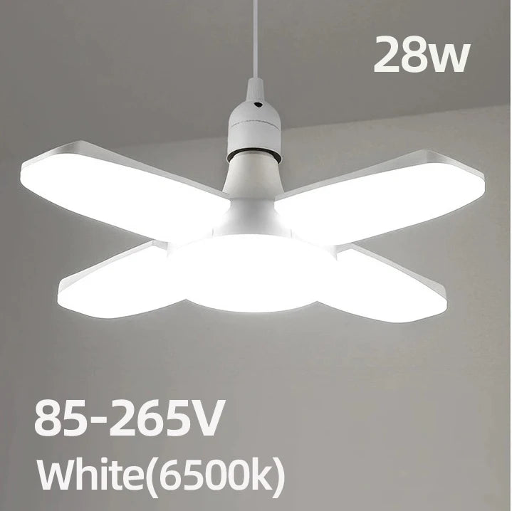 Veltora E27 fan-shaped foldable 28W LED bulb in white, 6500K, for ceiling lights, warehouse, or garage illumination.