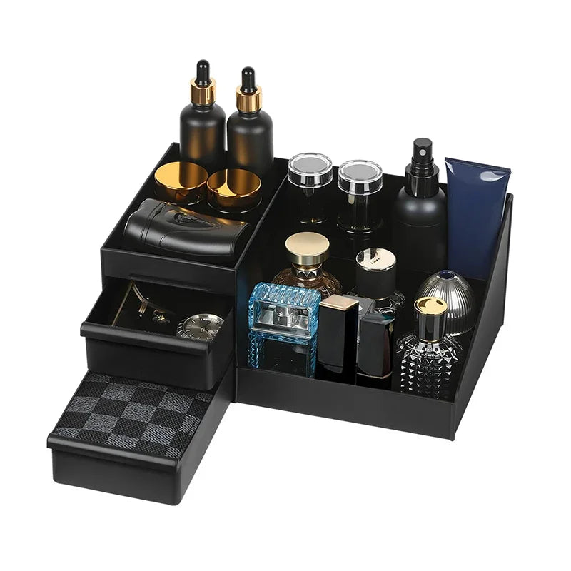 Veltora men's perfume stand with drawers, bathroom counter organizer, modern display, non-slip dresser top storage.