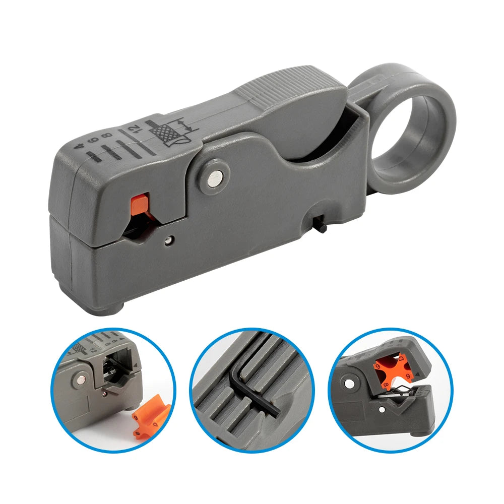 Veltora stainless steel stripping pliers for wire and cable stripping with insulated handle and hexagon wrench accessory.