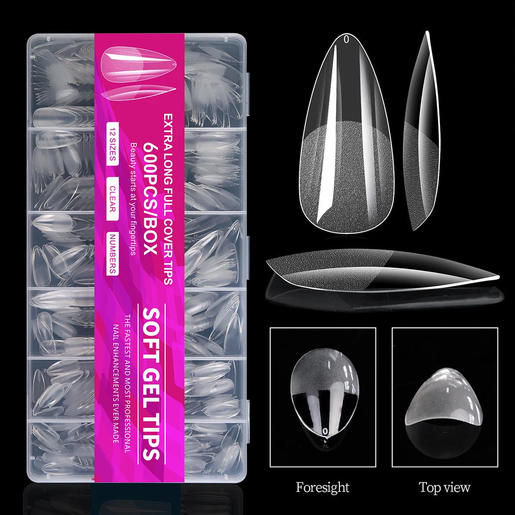 Veltora short almond gel nail tips pack with 100/320/600 pieces, full cover false nails for salon or home acrylic nail applications