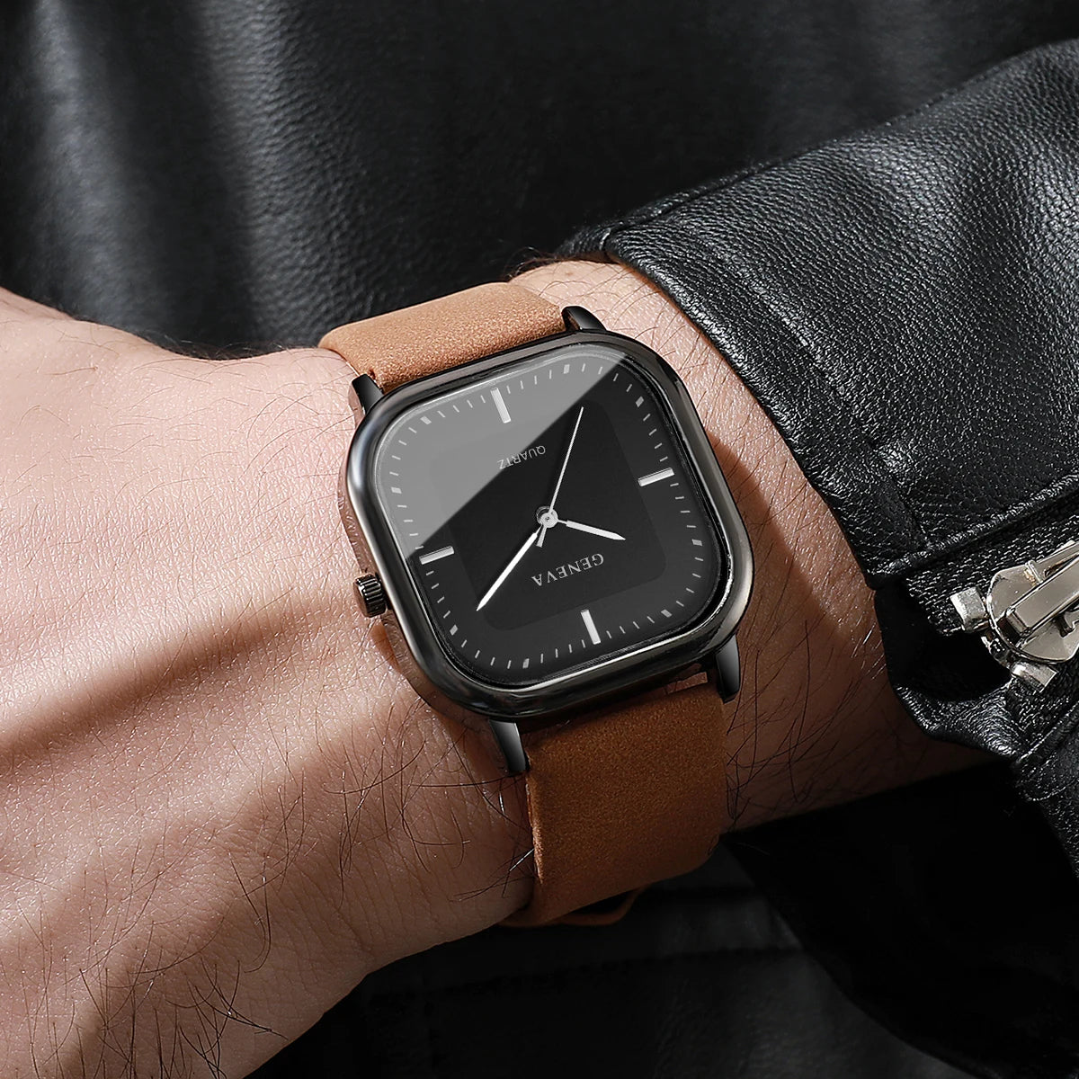 Veltora men's minimalist square dial quartz watch with casual leather strap, elegant wristwatch for everyday wear.