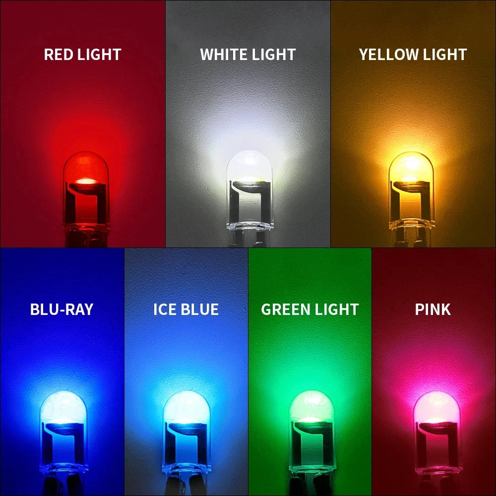 Veltora 10X W5W LED T10 car lights with COB glass bulbs in white, ice blue, and yellow for interior and license plate illumination.