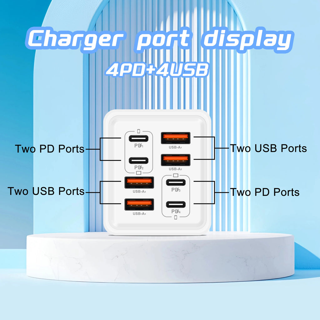 Veltora 240W GaN USB C charger with 8-in-1 fast charging ports, Type C EU/US plug for iPhone, Samsung, Xiaomi devices