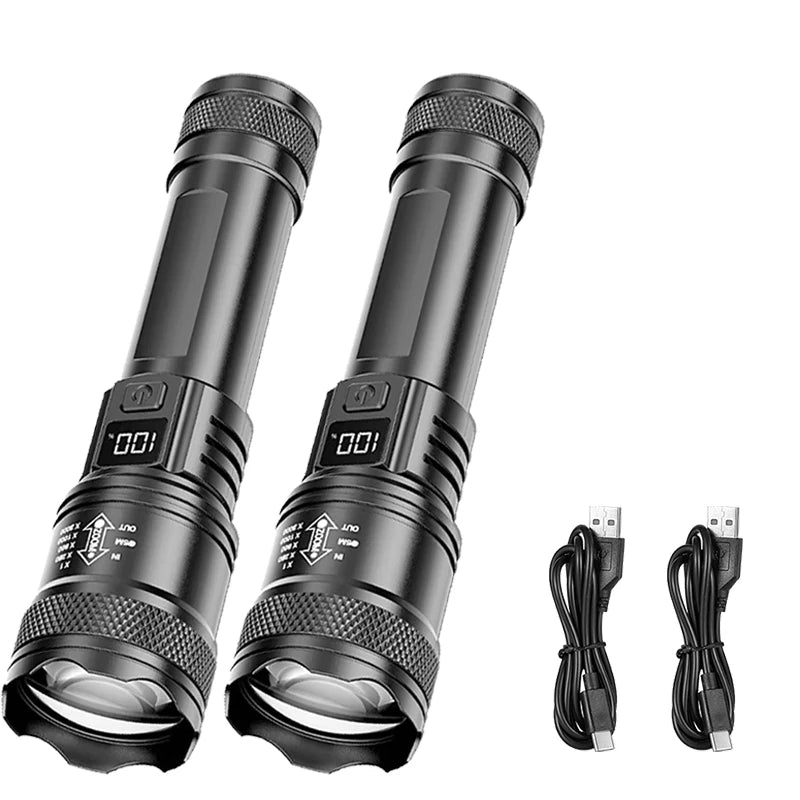 Veltora 2000LM ultra bright P50 LED tactical flashlight with telescopic zoom, handheld emergency spotlight with battery options.
