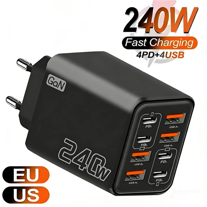 Veltora 240W GaN USB C charger with 8-in-1 fast charging power adapter, EU and US plug for iPhone, Samsung, Xiaomi devices