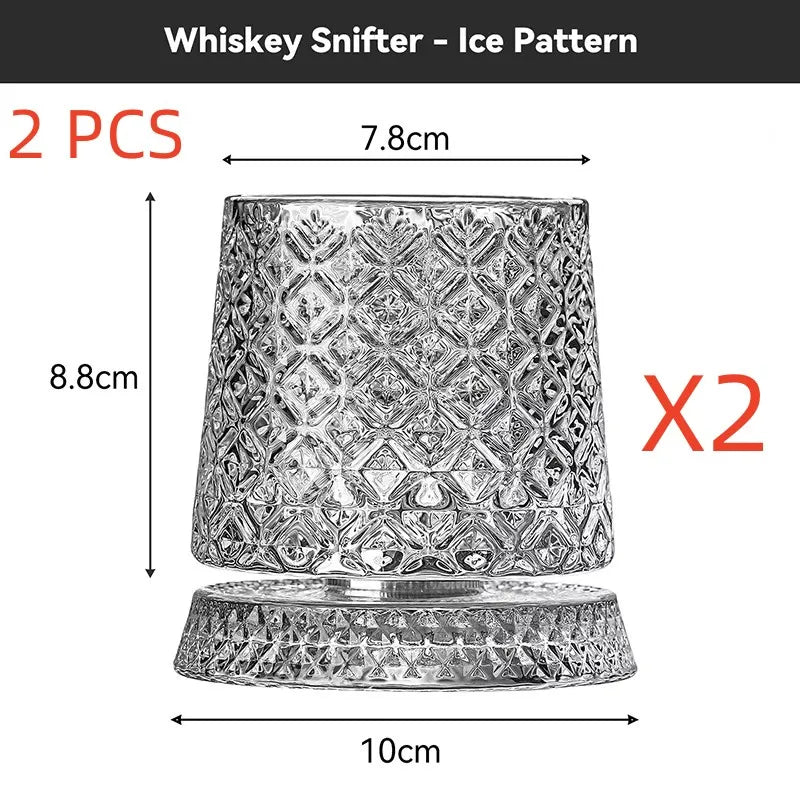 Veltora rotating whisky glass with glass base, 360-degree spin, crystal rum glass ideal for cocktails and party drinking.