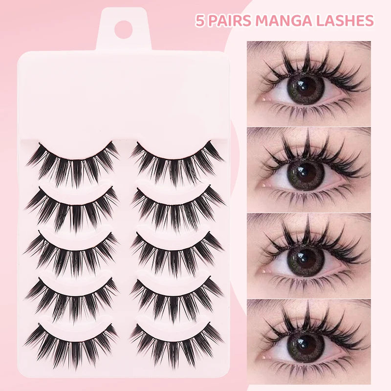 Veltora DINGSEN manga-style false eyelashes set with 5 pairs of long, natural, wispy strip lashes for anime-inspired makeup.