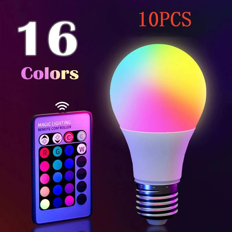 Veltora 16-color RGB LED E27 bulb with remote control, dimmable smart lamp for colorful household lighting and ambiance.
