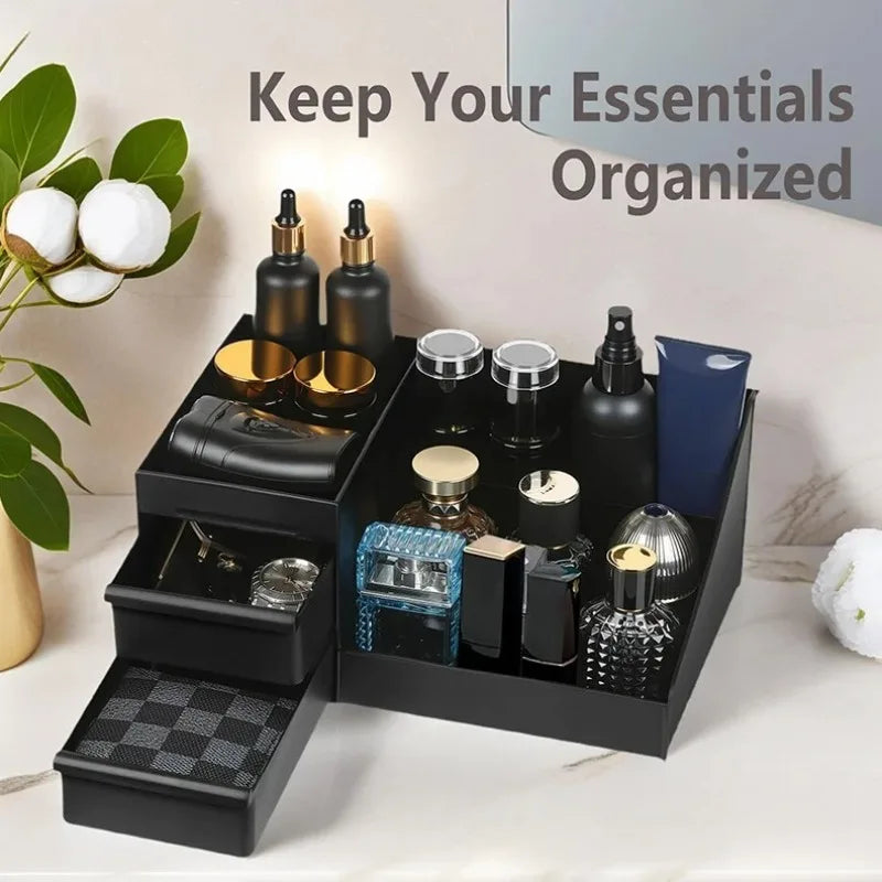 Veltora men's cologne and perfume stand with drawers, bathroom organizer, modern display, non-slip dresser top storage.