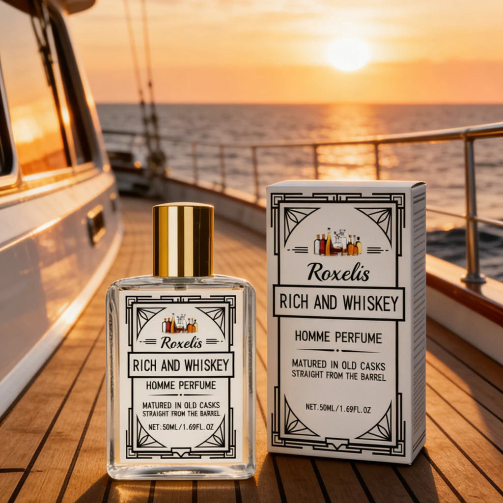 Veltora Roxelis Whiskey Scent perfume for men, 50ml bottle with elegant packaging, exuding a lasting, light whiskey aroma.