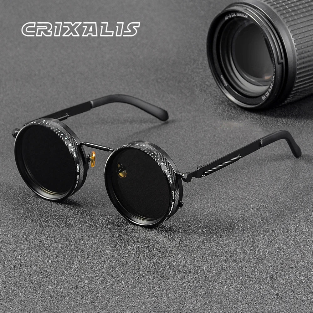 Veltora CRIXALIS polarized round sunglasses with adjustable dimming, UV400 outdoor shades for men and women, retro punk style.