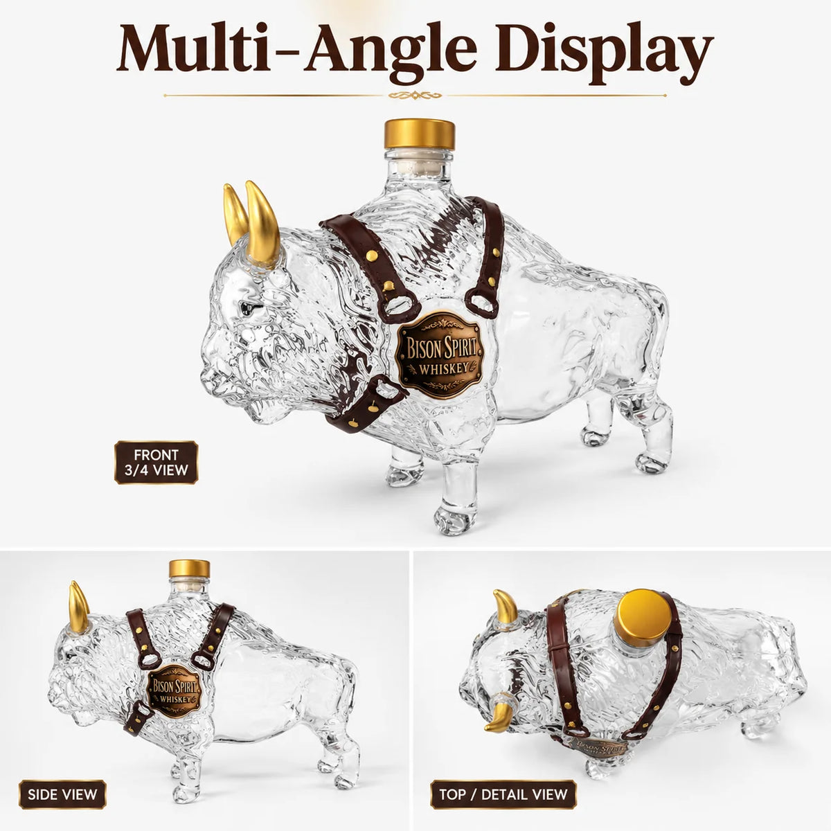 Veltora bison-shaped whiskey decanter with buffalo glass liquor bottle, golden horn, leather strap, western farm style spirit dispenser