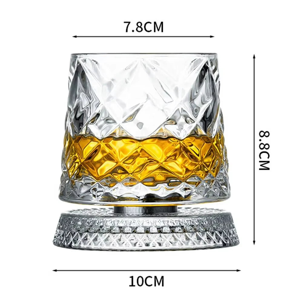 Veltora 2-pack whiskey glasses with rotating glass base, crystal rum glasses for cocktails and party drinking, 360-degree rotation.