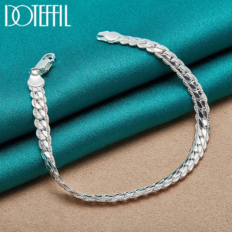 Veltora DOTEFFIL 925 silver bracelet with 6mm flat side chain and lobster clasp, available in 18, 19, or 20cm for women and men.