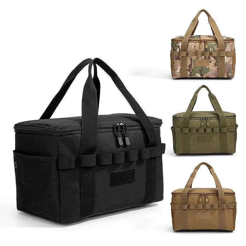 Veltora outdoor camping tactical bag in black with multiple compartments, 14L capacity, ideal for tools and picnic gear.