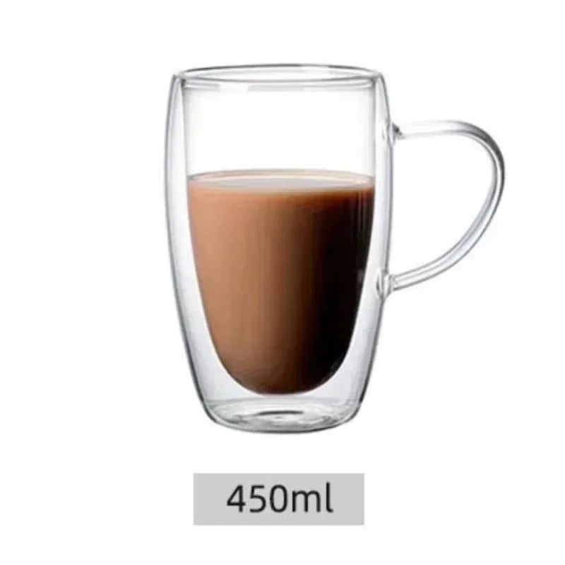 Veltora double wall insulated glass cup in clear, espresso size, suitable for coffee, tea, or whiskey, handcrafted drinkware