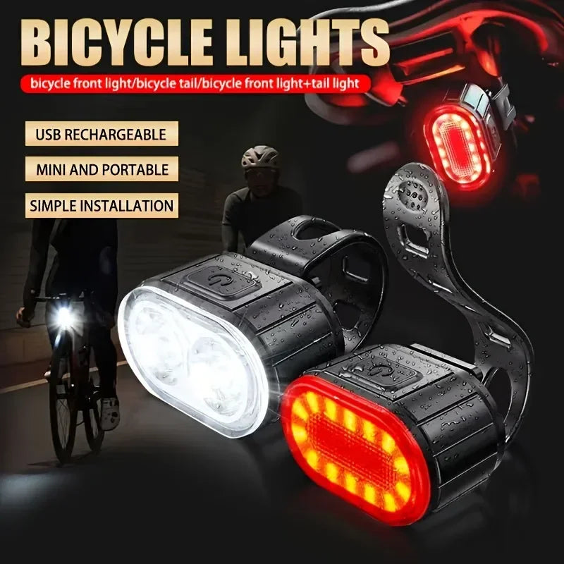 Veltora rechargeable bike front and rear LED lights with flashing mode, mounted on bicycle for visibility and safety during cycling.
