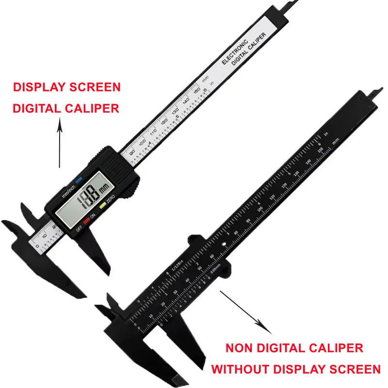 Veltora digital caliper with carbon fiber body, 150mm and 100mm measurement scales, featuring a dial and vernier for precise measurement