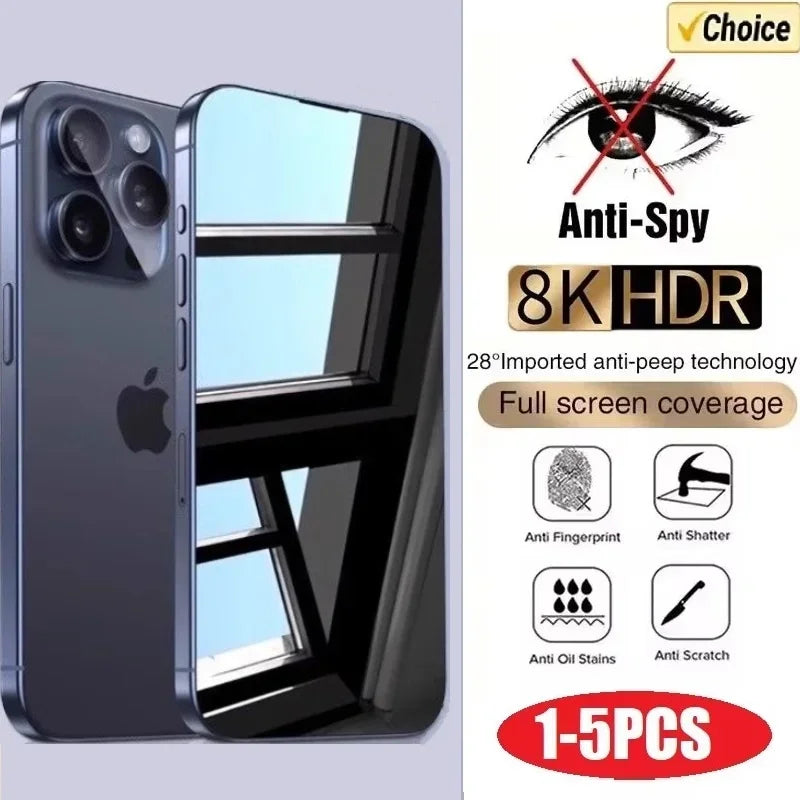 Veltora anti-spy glass screen protector for iPhone models 6 to 17, showing privacy filter and clear protective surface.