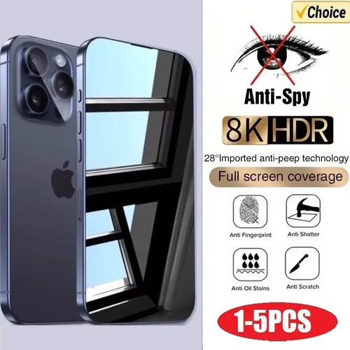 Veltora anti-spy glass screen protector for iPhone models 6 to 17, showing privacy filter and clear protective surface.