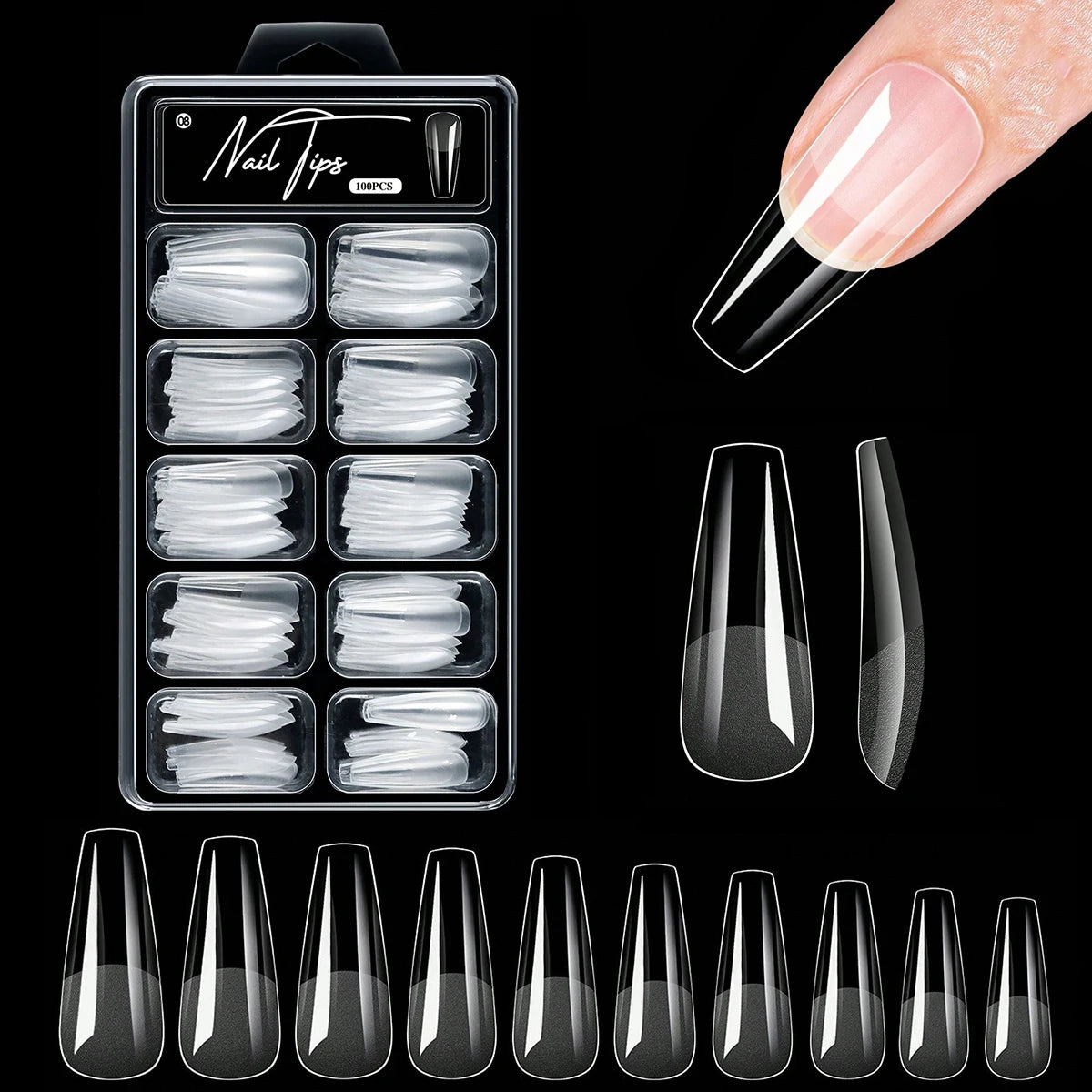 Veltora short almond gel nail tips in a set of 100, 320, or 600 pieces, full cover false nails for acrylic and press-on nails.