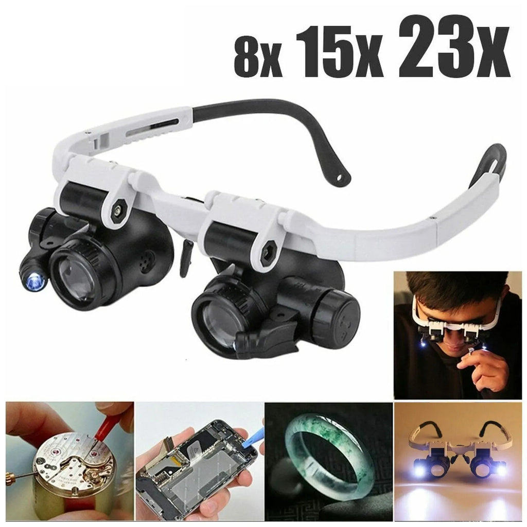 Veltora LED jeweler repair magnifier headband with adjustable lens, 8X, 15X, and 23X magnification, mounted on eye glasses for detailed work.