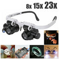 Veltora LED jeweler repair magnifier headband with adjustable lens, 8X, 15X, and 23X magnification, mounted on eye glasses for detailed work.