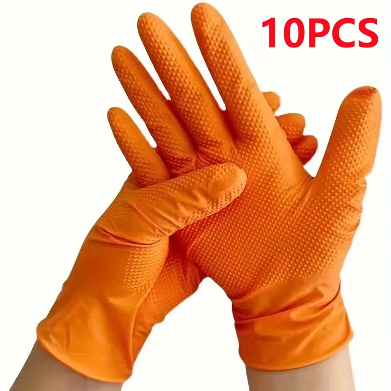 Heavy duty orange Veltora nitrile gloves with diamond textured grip for industrial work and mechanic safety.