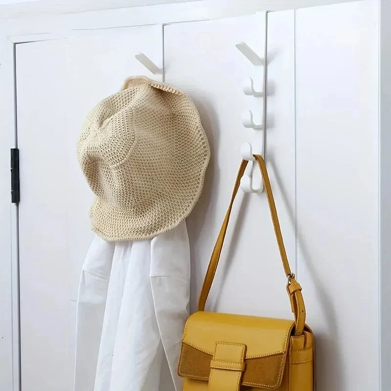 Veltora bedroom door hanger with plastic hooks for hanging clothes, purses, and bags, over-the-door storage and organization.