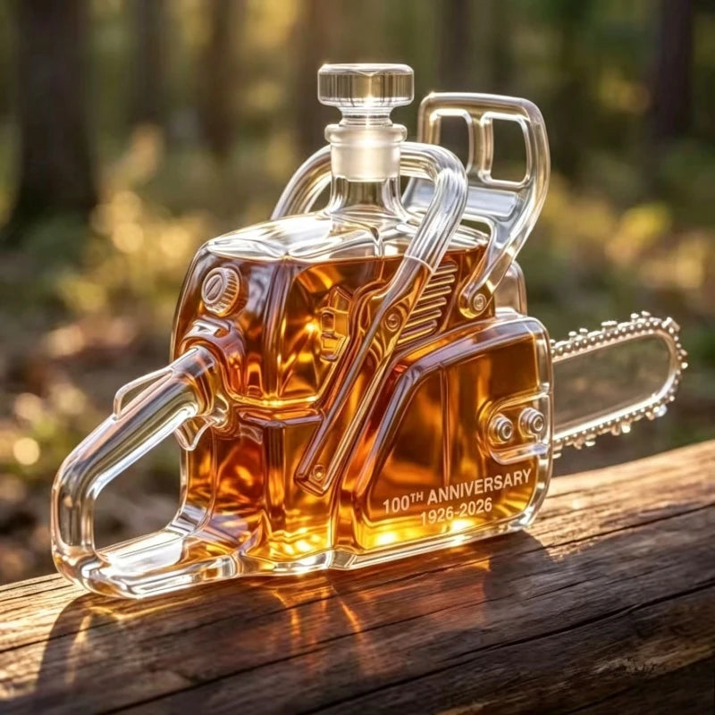Veltora chainsaw-shaped glass whiskey decanter with 100th anniversary commemorative design, industrial-style liquor bottle and carafe.