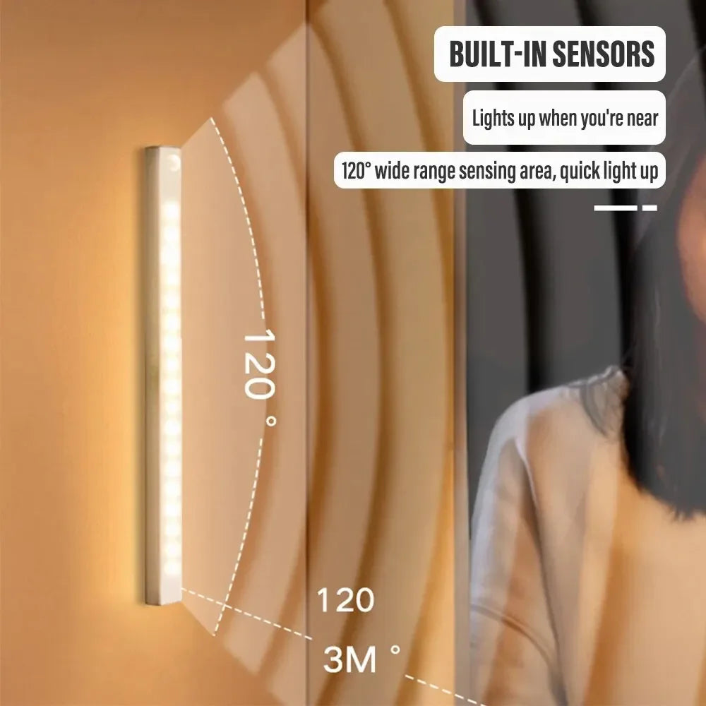 Veltora wireless LED motion sensor night light with rechargeable Type C, ideal for cabinets, wardrobes, stairs, and kitchens.