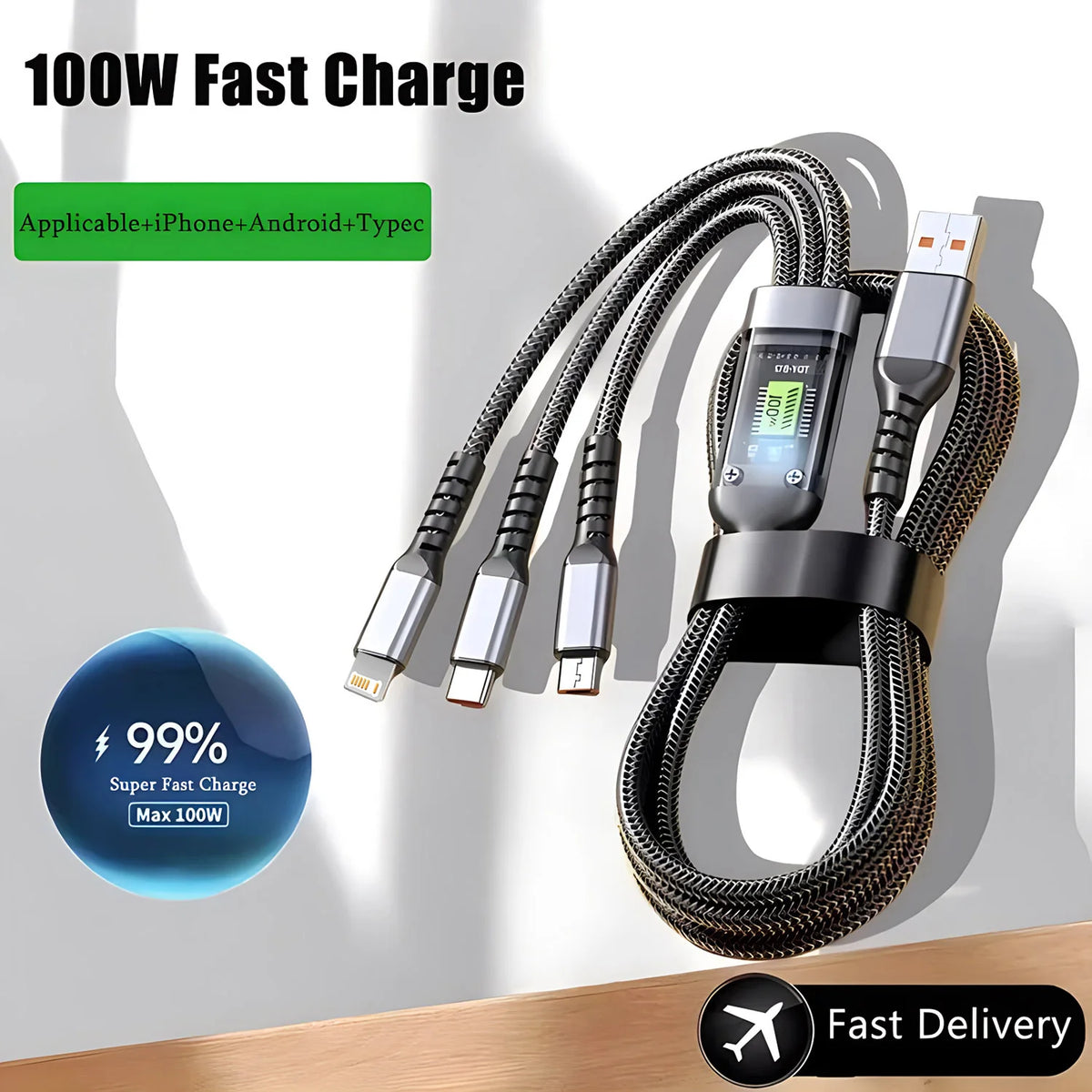 Veltora 100W fast charging nylon braided multi USB cable with Type-C, Micro, and USB connectors for universal device charging.