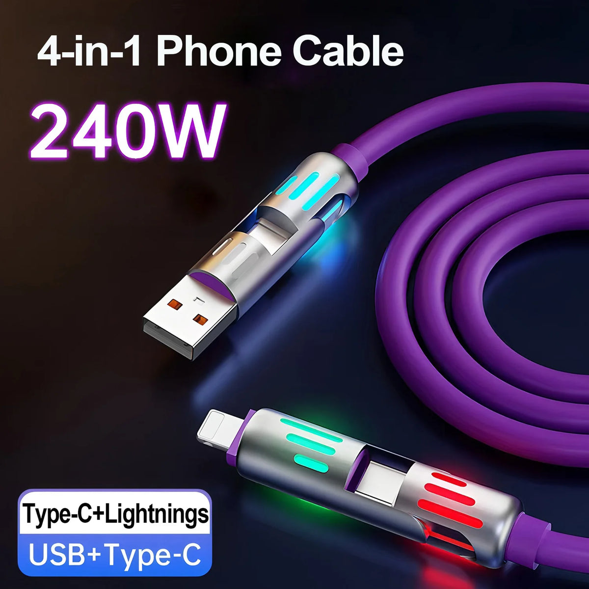 Veltora 4-in-1 240W USB Type C silicone fast charging cable with Type-C to USB-A connectors for iPhone, Huawei, Samsung, Xiaomi.
