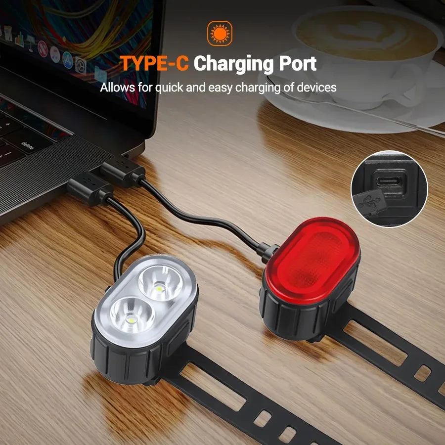 Veltora rechargeable bike front and rear LED lights with flashlight and lantern modes for cycling safety.