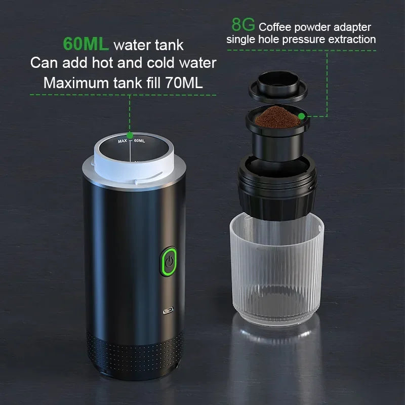 Veltora wireless electric portable espresso coffee machine for car, home, and camping, capable of capsule and powder coffee brewing.
