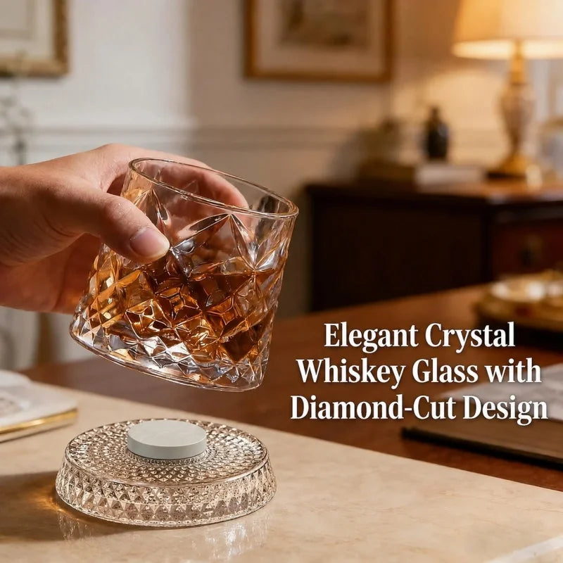 Veltora 280ml rotating crystal whiskey glass with elegant design, ideal for rum, cocktails, and premium beer drinking.