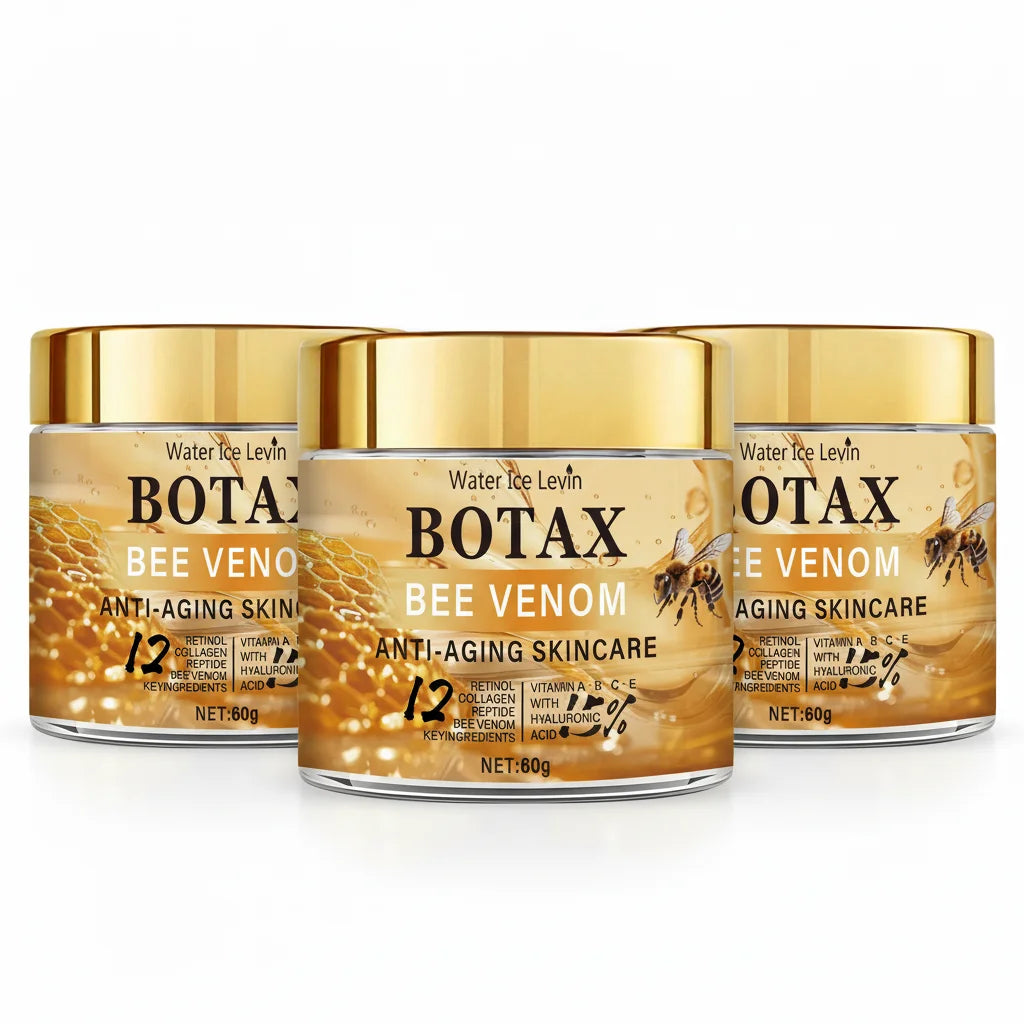 Veltora Botax Bee Venom Cream jar with label, 60g, shown with a smooth, rejuvenated skin background for deep wrinkle treatment.