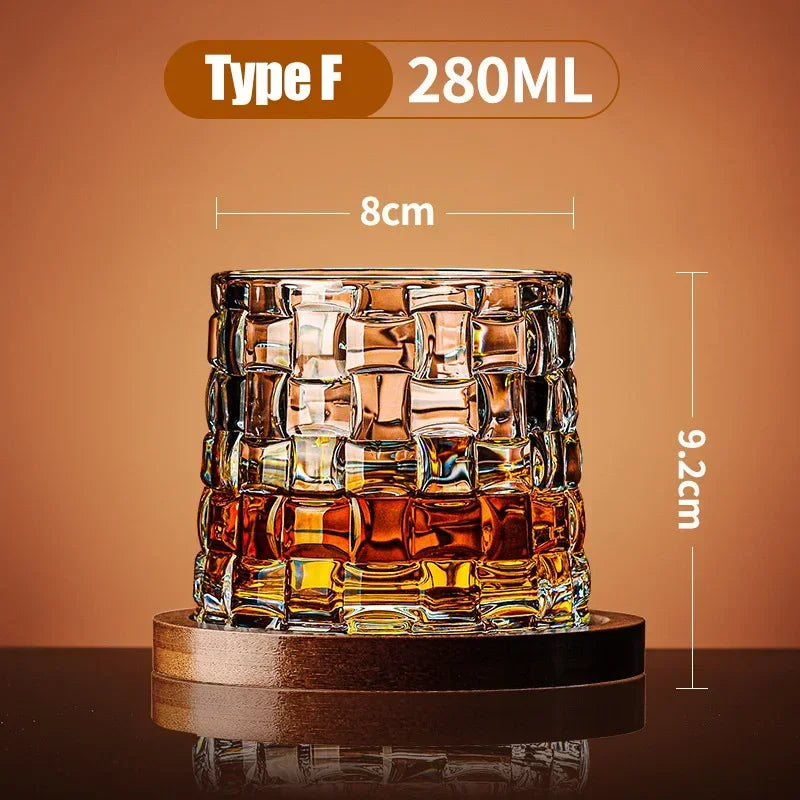 Veltora crystal whiskey glass tumbler with spinning base, ideal for wine, brandy, or drinks at home or bar settings